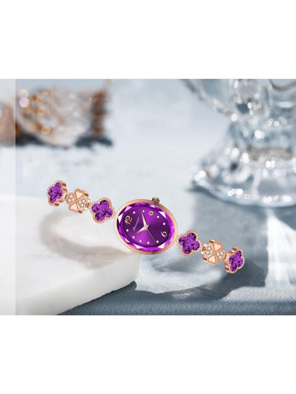 Women's Purple Vintage Oval Adjustable Bracelet Petal-Link Quartz Dress Watch - Picture 4 of 6